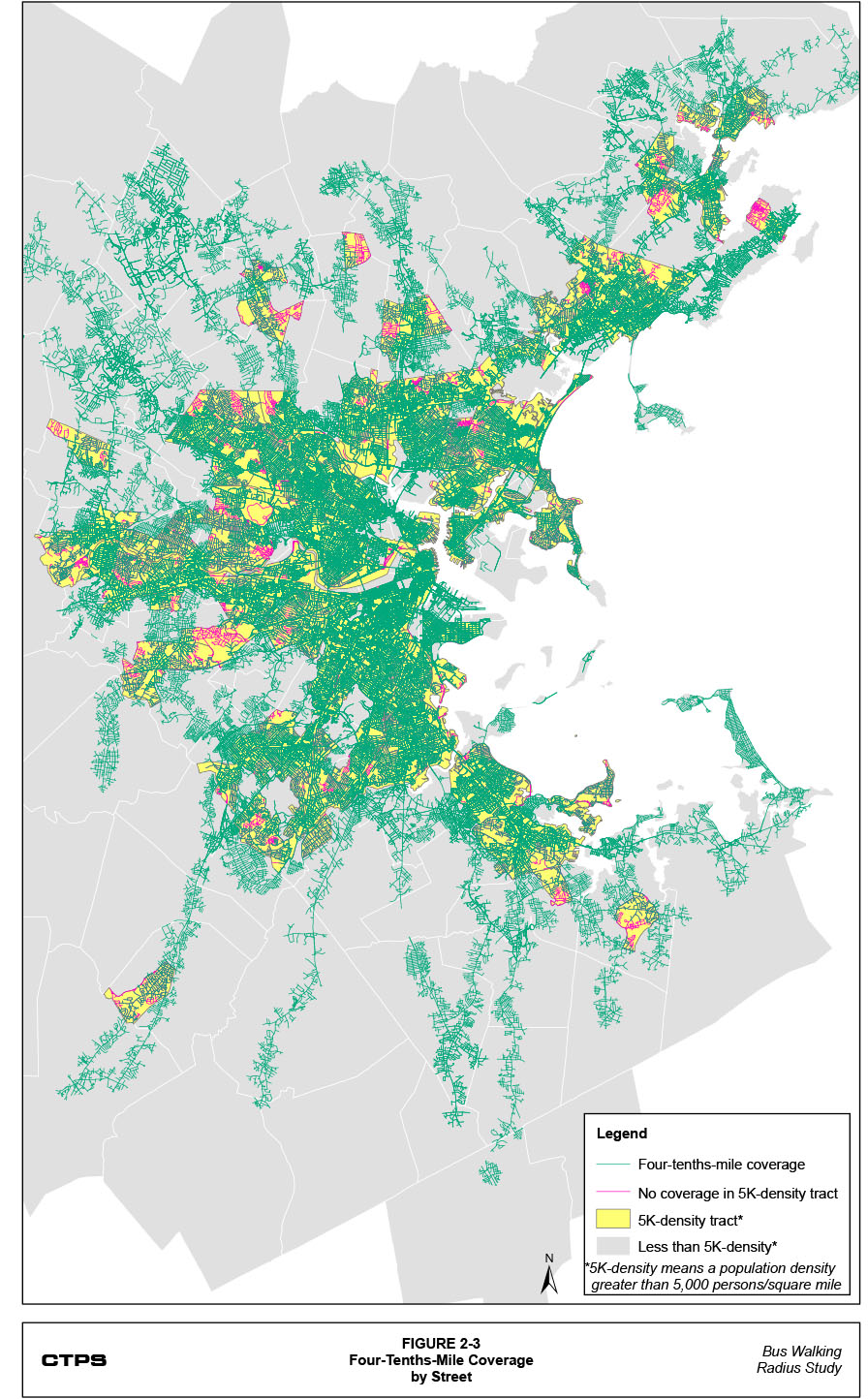 Figure 2-3: Four-Tenths-Mile Coverage by Street. This is a map that shows two categories of street miles: 1) the street miles in the four-tenths-mile coverage for the entire MBTA bus and rapid transit systems; and 2) the street miles within census tracts with a population density greater than 5,000 persons per square mile. The map also shows where these two categories of street miles do and do not overlap.